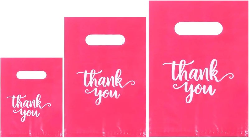 Heran 200PCS Thank You Bags for Small Business Pink Retail Bags with Handle, 3 Sizes Plastic Grocery Merchandise Sale Bag for Clothes Boutique Gift, Reusable Goodie Bag Bulk for Store Party Favor Purchase - Image 1